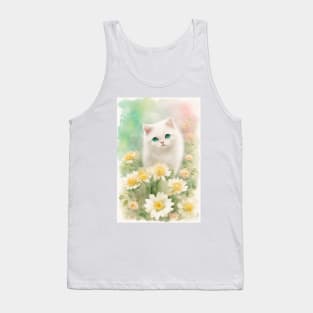 Happy White Cat in the Flower Garden Soft Pastel Colors Tank Top